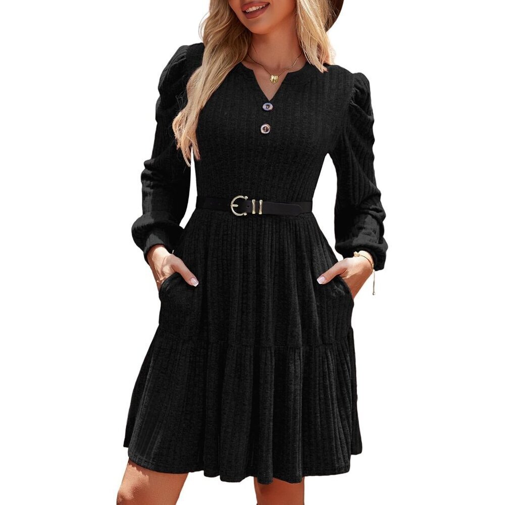 Women's Long Sleeve Sweater Dress Knit Puff A-Line Pocket Casual Winter Fall